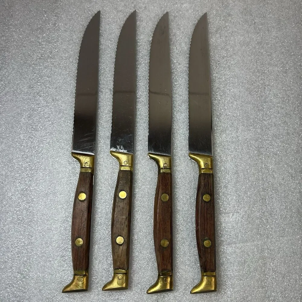 4 VTG ROWOCO Serrated Steak Knives 9”Rosewood Brass Full Tang Boot Handle France